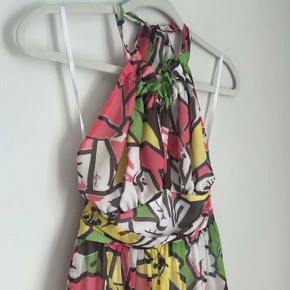 VTG MILLY OF NEW YORK 100% Silk Halter Drop Waist Dress Pink/Green Y2K Size 0 - Picture 3 of 11